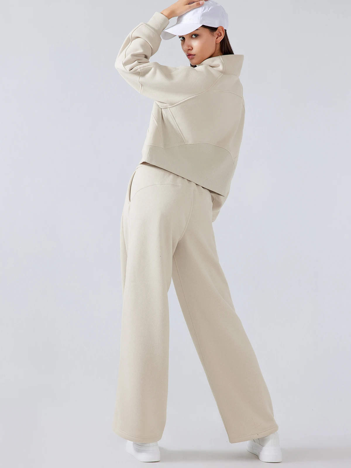 Womens 2-piece winter warm wool half zipper high neck zipper sweatshirt and loose straight leg pants suitable for gym and casual wear 241205