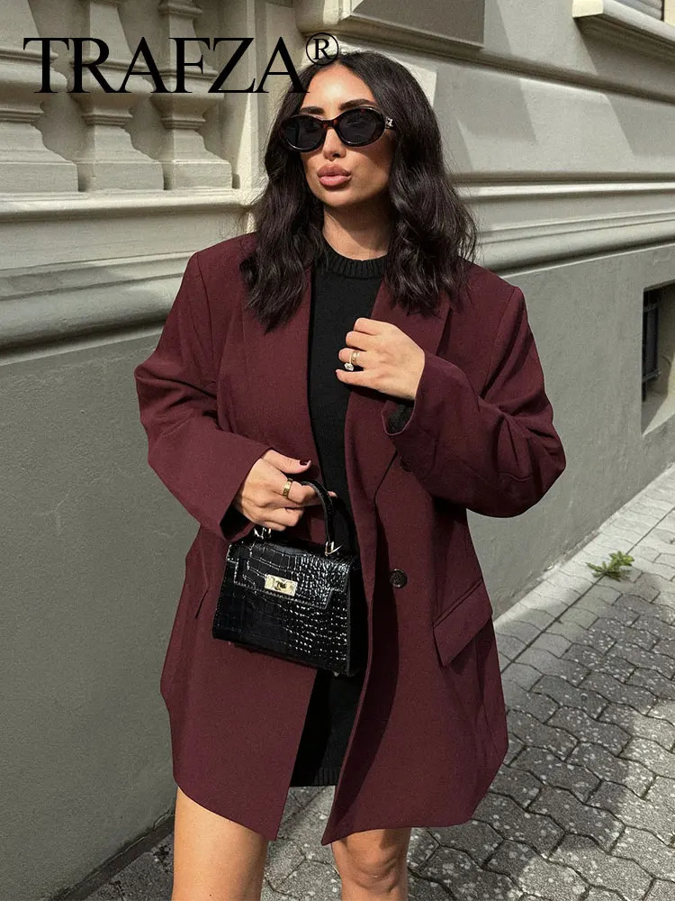 TRAFZA Vintage Woman Burgundy Red Blazer lapel Double Breasted Long Sleeve Suit Coat Womens 2024 Autumn Office Lady Outwear 241209