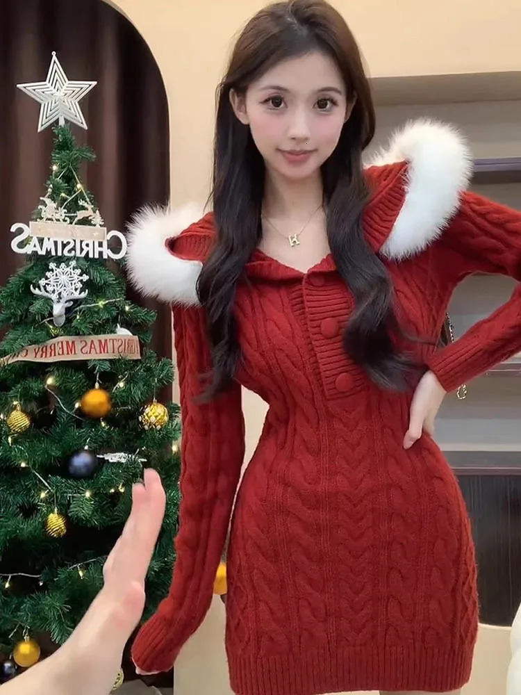 Autumn and Winter Elegant Womens Sweater Christmas Red Ultra Thin Fur Splicing Hooded Knitted Dress Womens Knitted Dress 241206