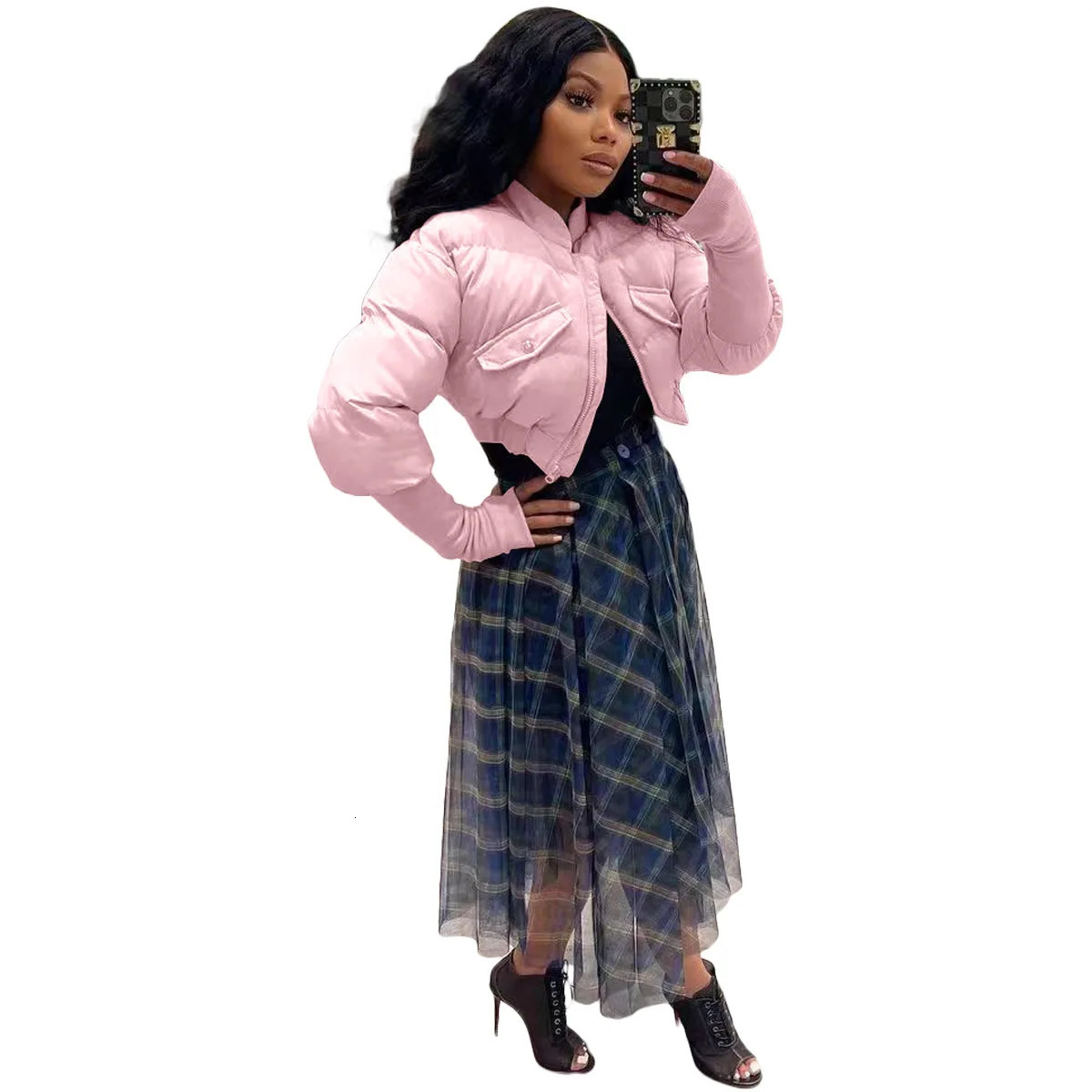 Gary Crop Puffer Jacket Womens Pink Zipper Vneck Long Sleeve Warm Short Parkas Coats Thin Light 241209