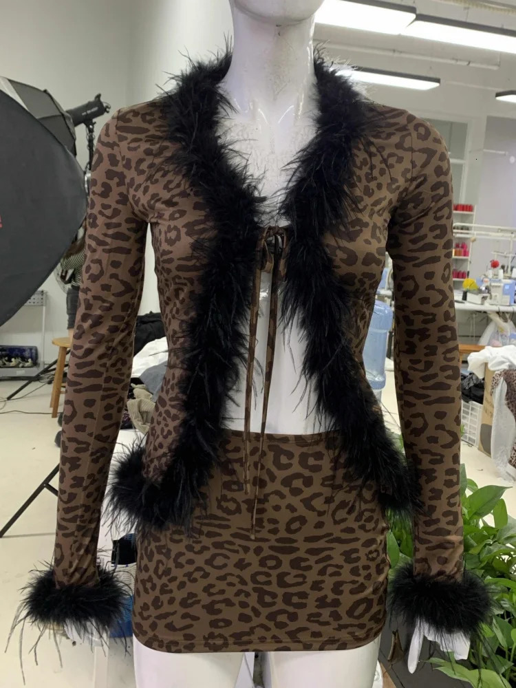 Joskaa Leopard Print 2 Piece Set Sexy Furry Collar Long Sleeve LaceUp Tops and Mini Skirts Matching Midnight Clubwear 241202Z