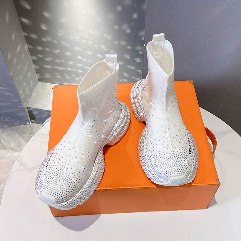 Designer Full Diamond Ankle Boots Women's Shiny Diamond High Quality Modern Boots Luxury Knitted Stretch Boots Thick soled High Heels Comfortable