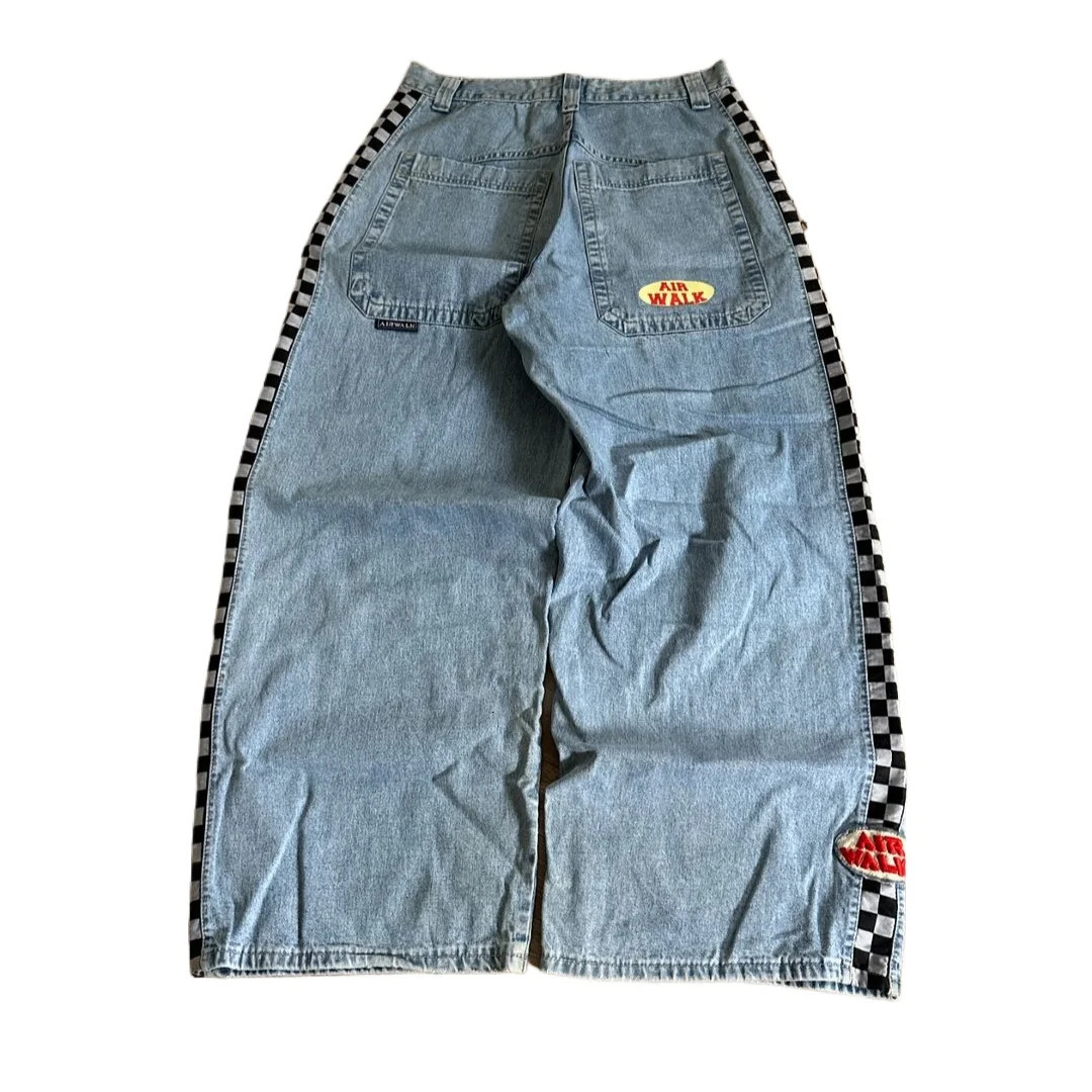 American Vintage Racing Check Flag Stripe Pattern Embroidered Jeans Mens Loose Straight Harajuku Y2K Style Skateboarding Pants 241206