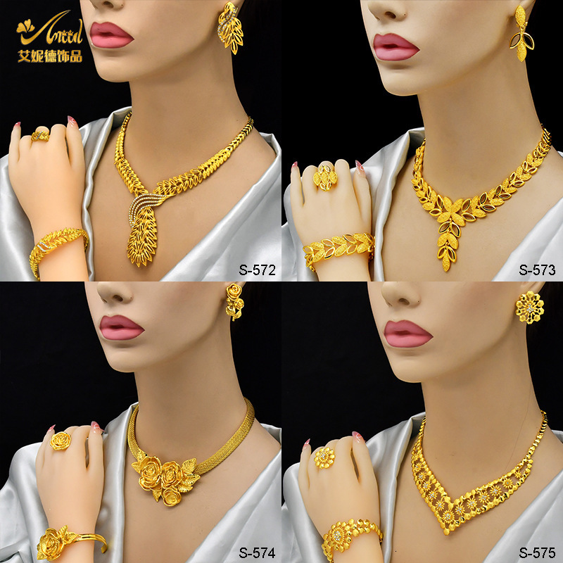 New 24k Dubai Bridal Wedding Jewelry Set Nigerian Womens Necklace Earrings Bracelet Ring Accessories 240910