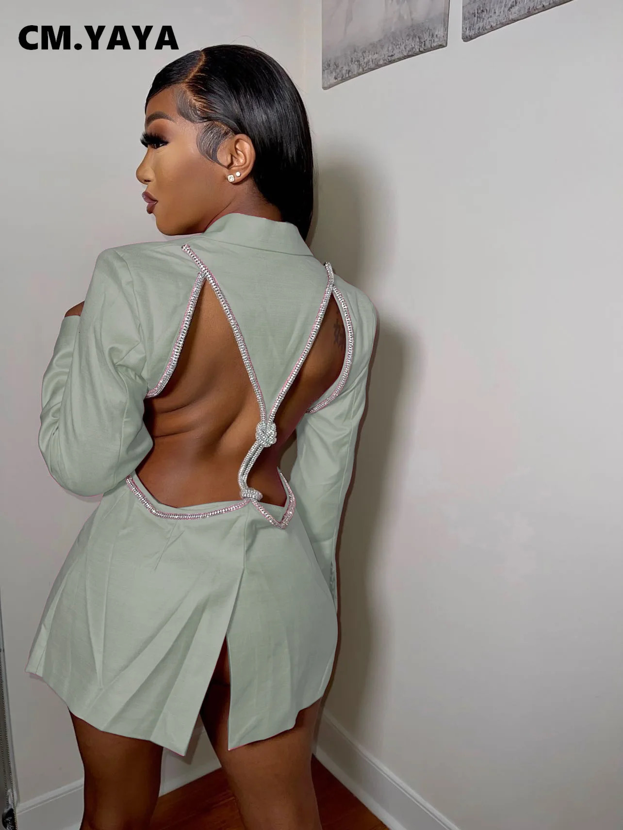 CM.YAYA Women Elegant Cutout Long Sleeve One Button Long Sleeve Notched Neck Blazer Street INS Splicing Blazers Outfits Tops 241209