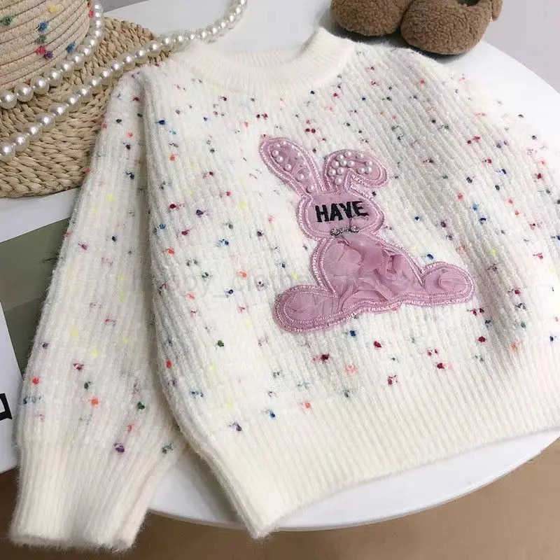 2024 Girl s Latest Pink Rabbit Childrens Fashionable And Cute Sweater Bead Rabbit Girl Sweater Girl KnitwearXJ241209