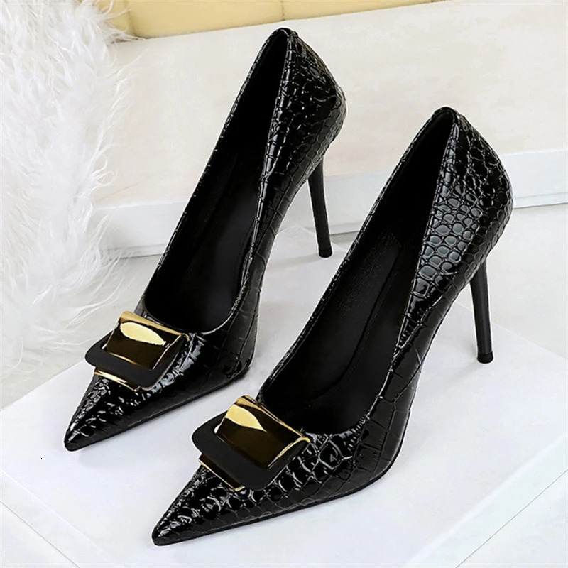 BIGTREE Metal Buckle Serpentine Patent Leather Women Pumps Stilettos High Heels Pointed Toe Party Shoes Zapatos Mujer 241209