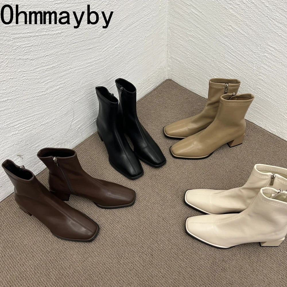 High quality soft PU leather womens ankle boots square toe square heel short boots autumn winter womens shoes Chelsea boots 241206