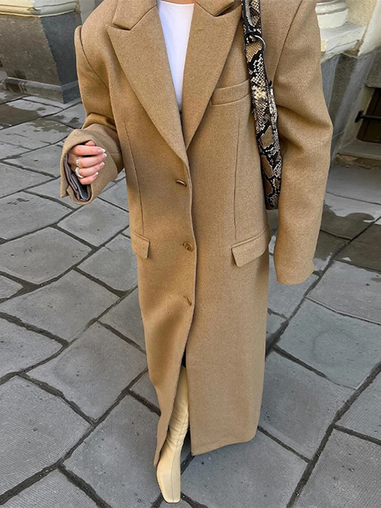 Retro single chest thick long jacket for womens casual loose solid seam pocket wool Maxi jacket for womens winter fashion street jacket 241204