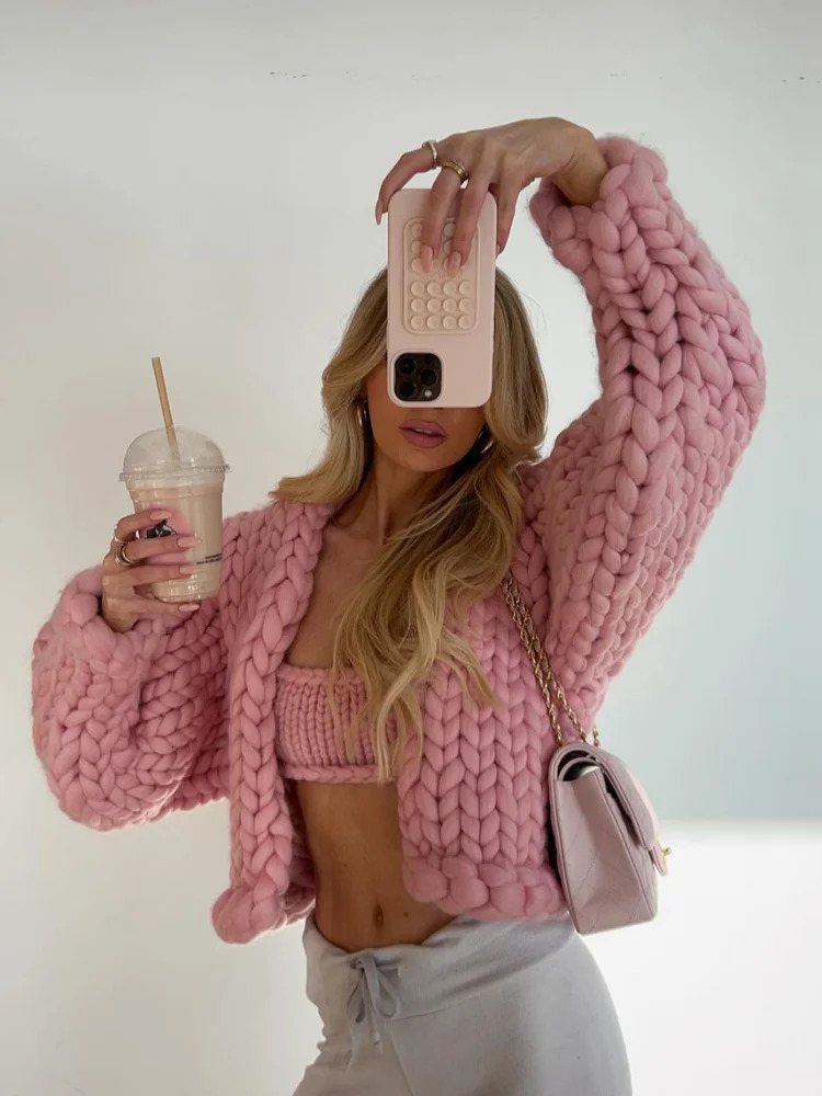 Twist knitted cardigan womens thick long sleeved elegant solid casual sweater autumn loose short fashion jacket top 241205