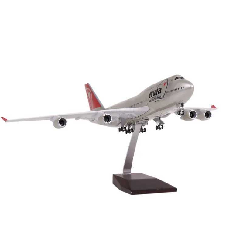 47CM 1 150 scale die-casting model Northwest Airlines Boeing 747 resin aircraft Airbus with lights and wheels toy collection display X241209