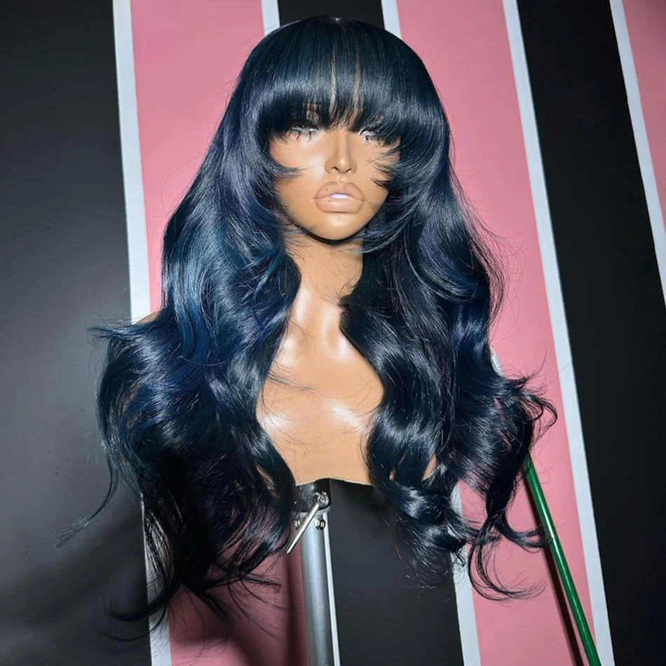 180density Chocolate Brown Body HD Lace Frontal Human Hair Wigs Water Wave Colored Synthetic Wig with Bangs 250 Density 40Inch