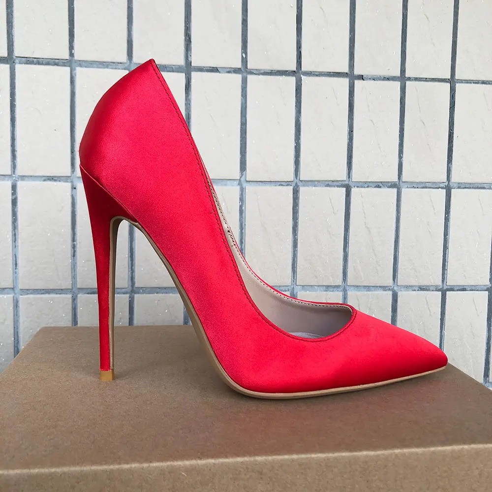 Tikicup Women Red Satin Pointed Toe Pumps Slip On Stilettos Comfortable Ladies Silk High Heels Wedding Party Dress Shoes 241209