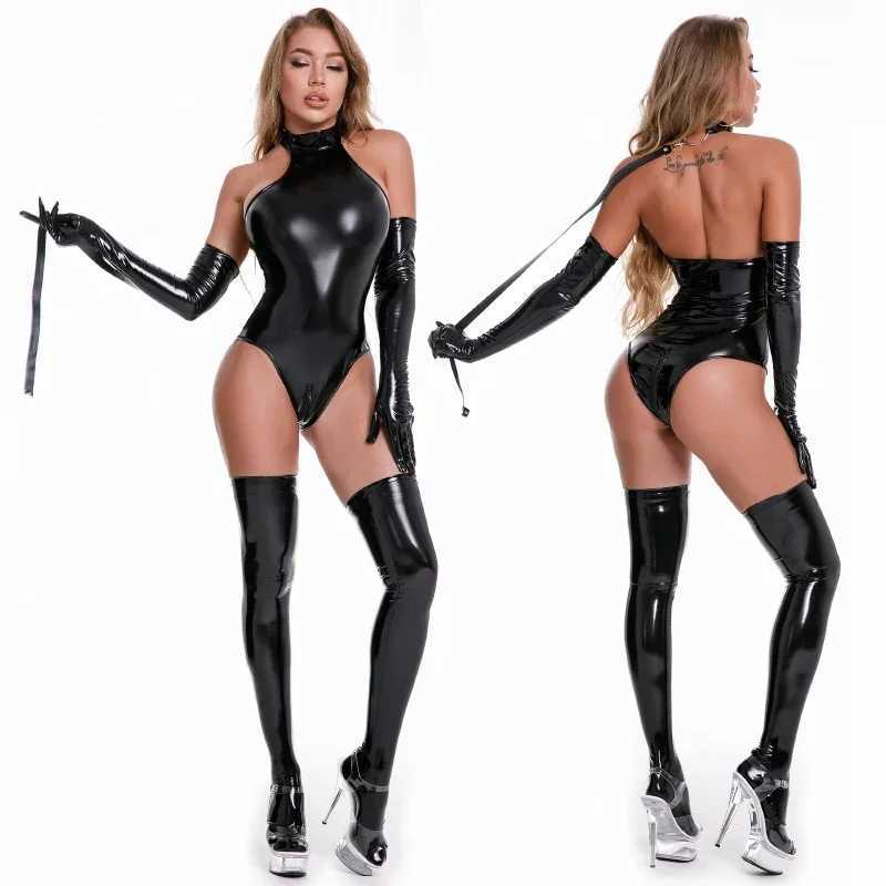 Sexy Set Women Sexy Lingerie Glossy PU Leather Bodysuit with Socks Gloves Wet Look Latex Catsuit Exotic Zip Open Crotch Jumpsuit Comes H241209