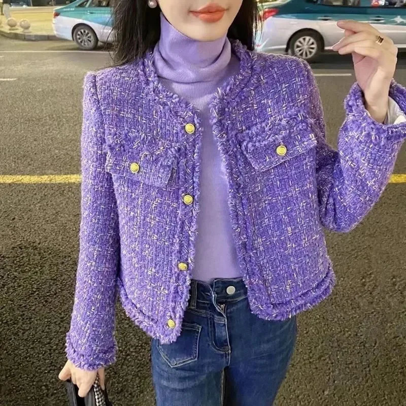 Small perfume tweed jacket Womens spring and autumn elegant cut O collar coat Purple casual tweed wool coat Womens top 241206