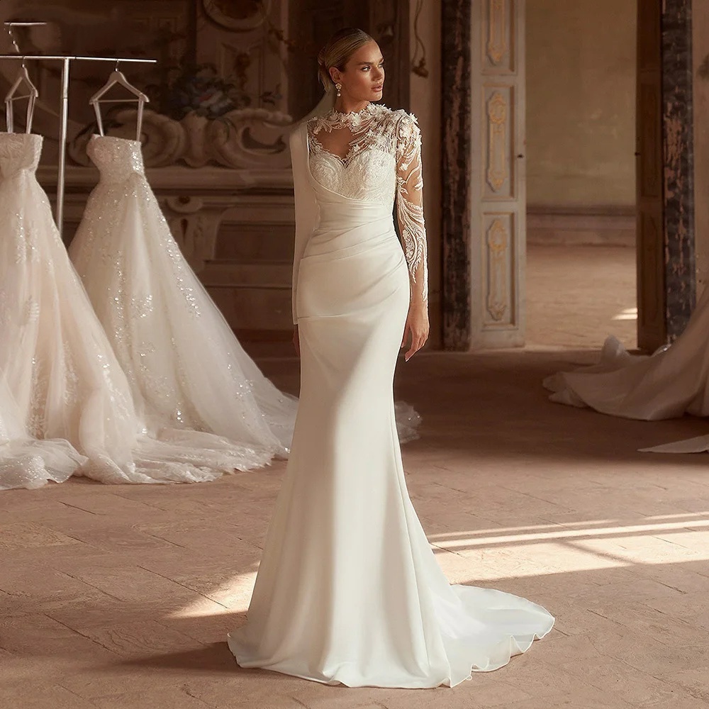 Elegant Mermaid Dresses Lace Appliques O-Neck Long Sleeves BOHO Detachable Train Wedding Bridal Gown Customized Vestidos De Novia