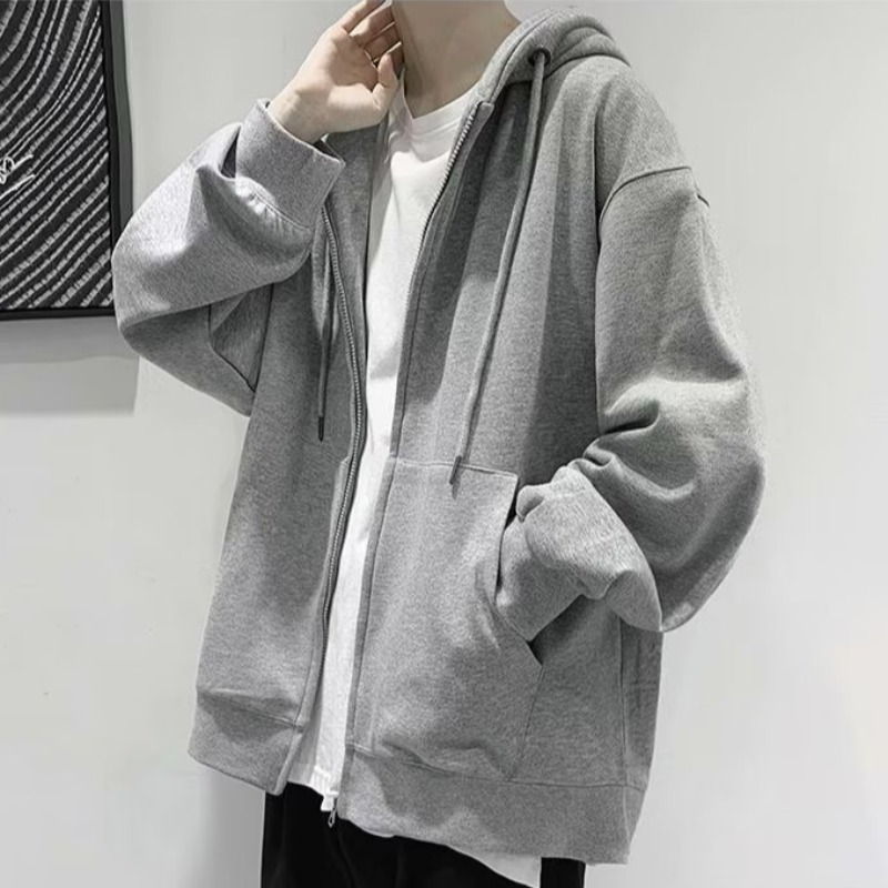 M10114 Men's autumn cardigan hoodie solid color clothes plus velvet zipper loose coat