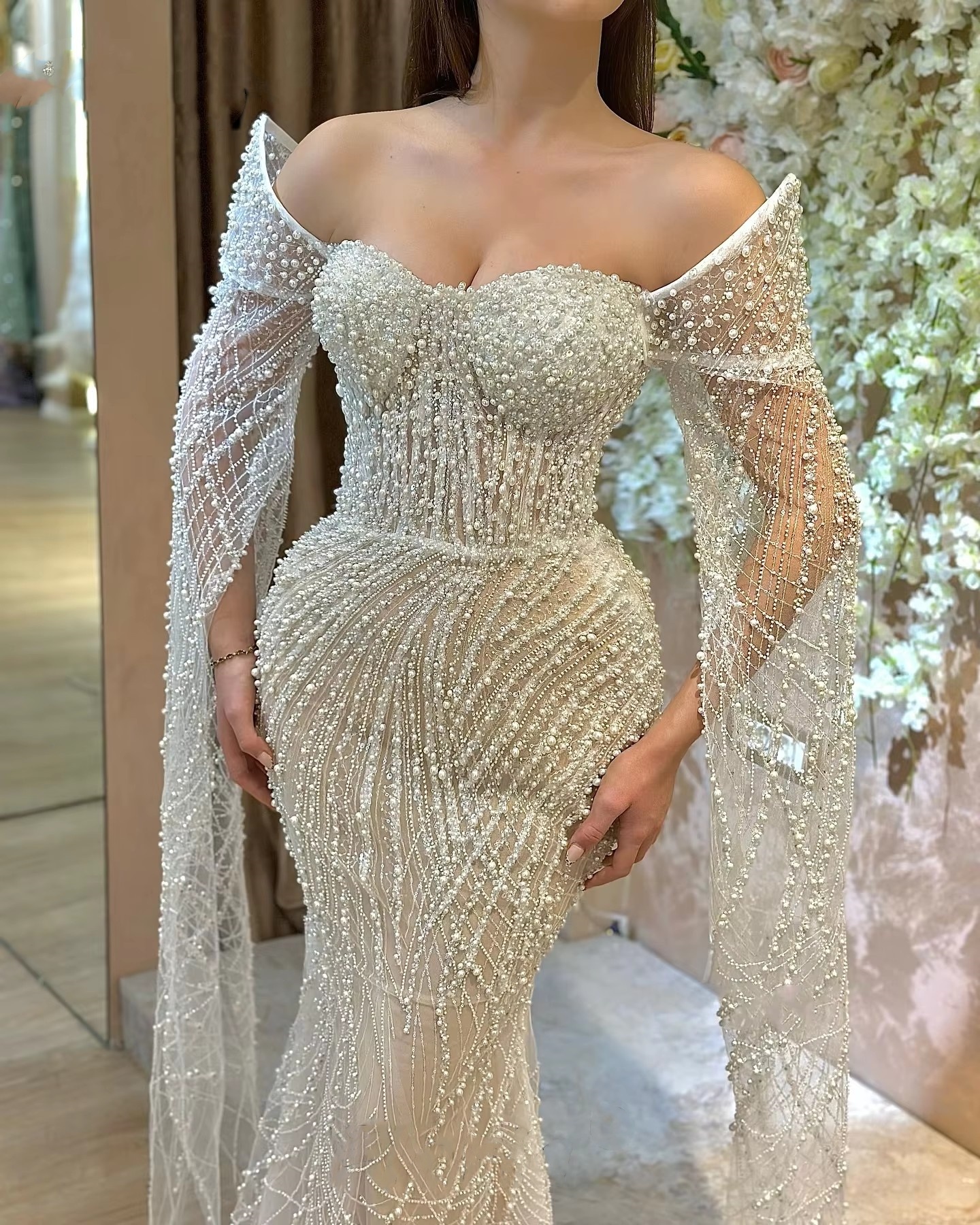 Gorgeous Wedding Dress Off Shoulder Long Sleeves Gown Pearls Sequins Sweep Train Dresses Custom Made Vestido De Novia