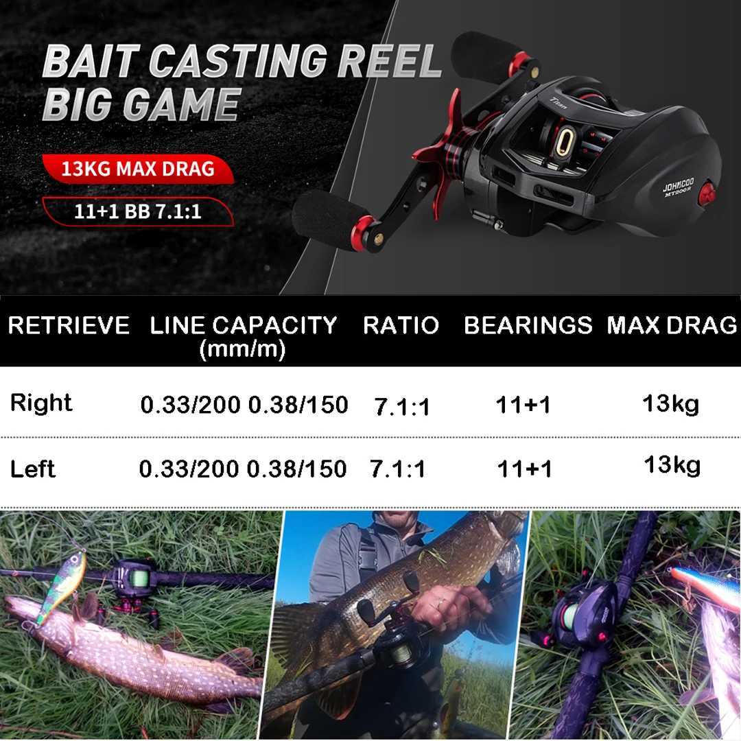 JOHNCOO Fishing reel MT200 Bait Casting Reel Big Game 13kg Max Drag jigging Fishing Reel 11+1 BB 7.1 1 Baitcasting reelXJ241209