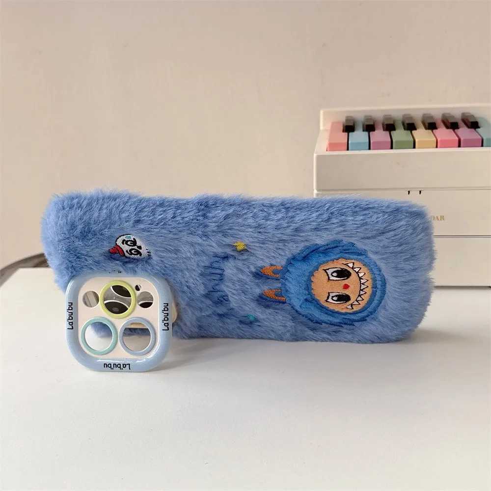 Hot Sale Suitable for iPhone 11 12 13 15 16 Pro Max plush embroidery 3D cartoon LaBuBu phone case Plus hole lens holder protective case T241209