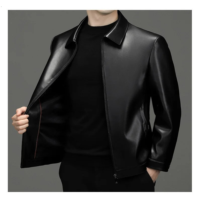 Leather jacket mens lapel stand round neck slim fit suitable for solid color windproof machine automatic trend motorcycle set hand 241209