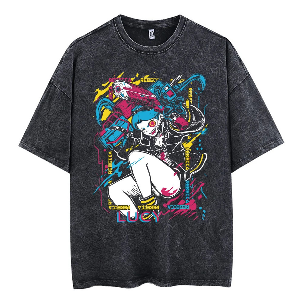 Y2k style mens wash T-shirt cyberpunk Edgerunners printed retro Harajuku style top fashionable hip-hop fashion streetwear unisex 241205