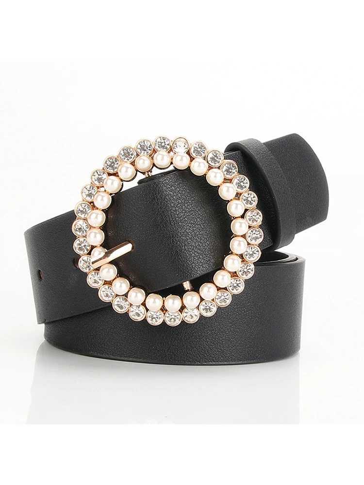 Summer jeans dress round pin buckle webbing casual womens leather PU pearl diamond decorative belt fashionable wide belt X241209