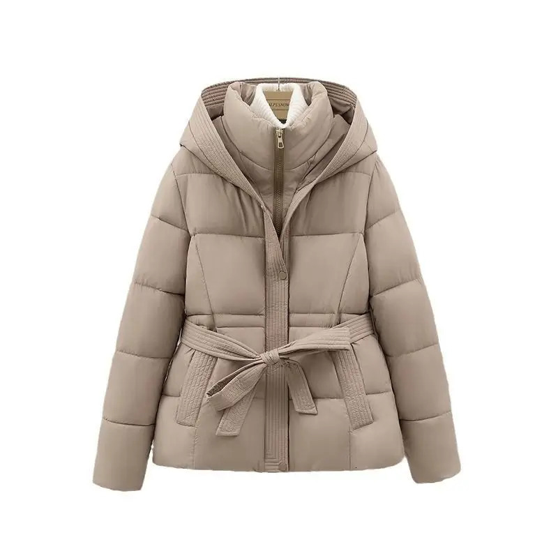 High end down jacket womens 2025 winter Parkas fashionable lace waist slim fit hooded cotton coat T665 241209