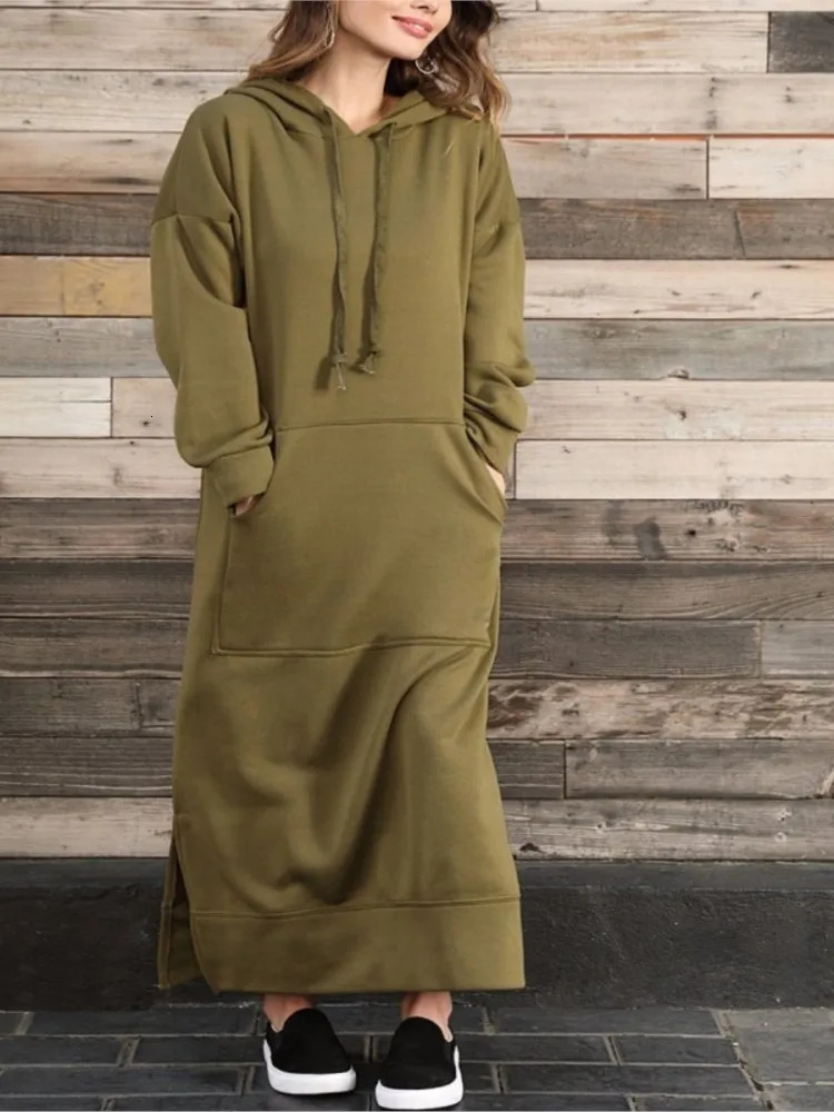 Autumn Winter Womens Loose Large Knitted Hooded Long Skirt With Velvet Hoodie Casual Fashion Dress Large Pocket Skirt 241209