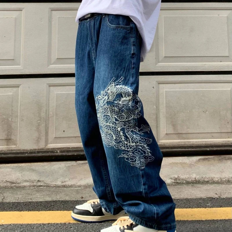 Gothic dragon pattern embroidery high waisted jeans for men y2k street bag jeans for men high street hip-hop casual jeans 241206