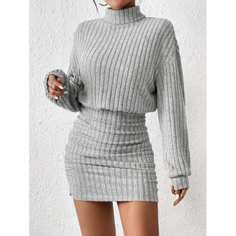 Women's 2024 autumn/winter slim fit fashionable pit stripe high neck hip hugging long sleeved dress