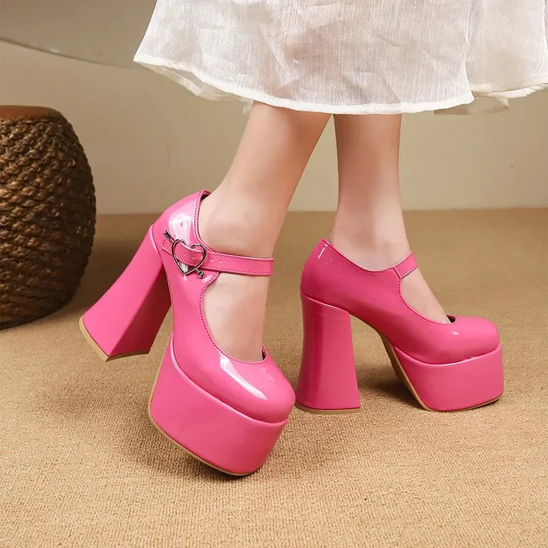 Womens PU Leather Platform Chunky Heeled Pumps Solid Color Ankle Strap Sandals Sexy Party Dress Shoes heels 241209