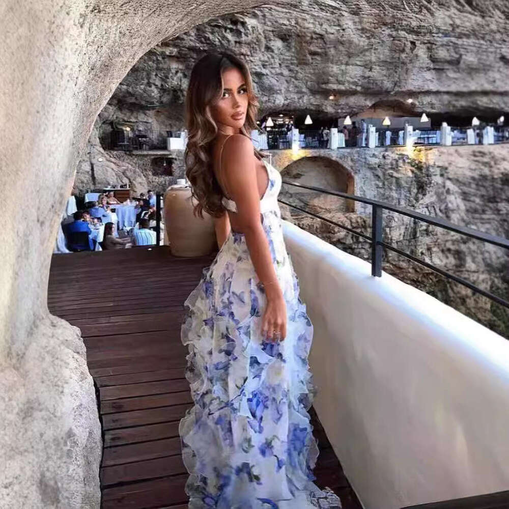 Spring/Summer Off Shoulder Women's Chiffon Printed Fairy Long Style Evening Dress 2024 New Casual Fashion Trendy Clothing