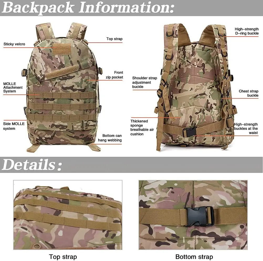 40L Camping Hiking Backpack Outdoor Tactical Backpacks Climbing Backpack 3D Outdoor Sport Trekking Rucksack Travel Bag 241209