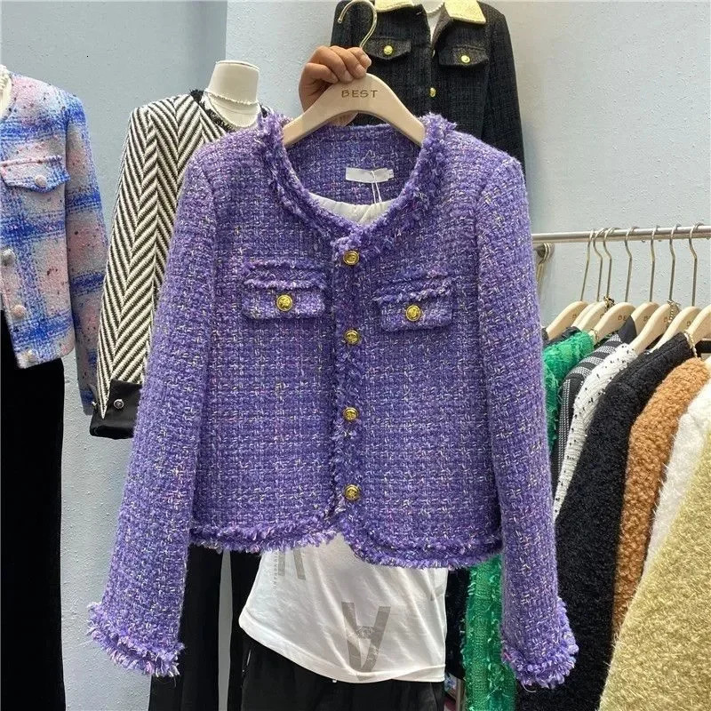 Small perfume tweed jacket Womens spring and autumn elegant cut O collar coat Purple casual tweed wool coat Womens top 241206