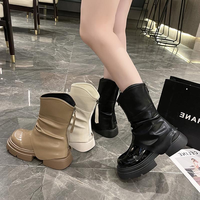 Women Boots:Patent Leather Popular Short Boots 2024 Winter Warm High-end Design Thick Sole Increase Height Retro Style,Black/White/Khaki,Free shipping