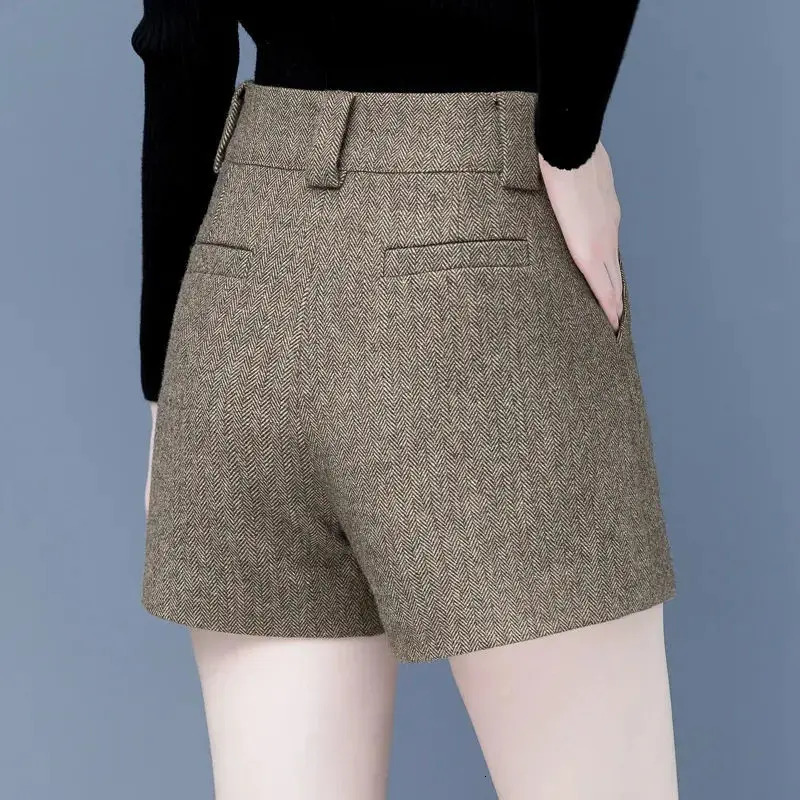 Womens Korean Fashion High Waist A-line Wide Leg Shorts Autumn and Winter Office Womens Retro Elegant Wool Thick Slim Shorts 241206
