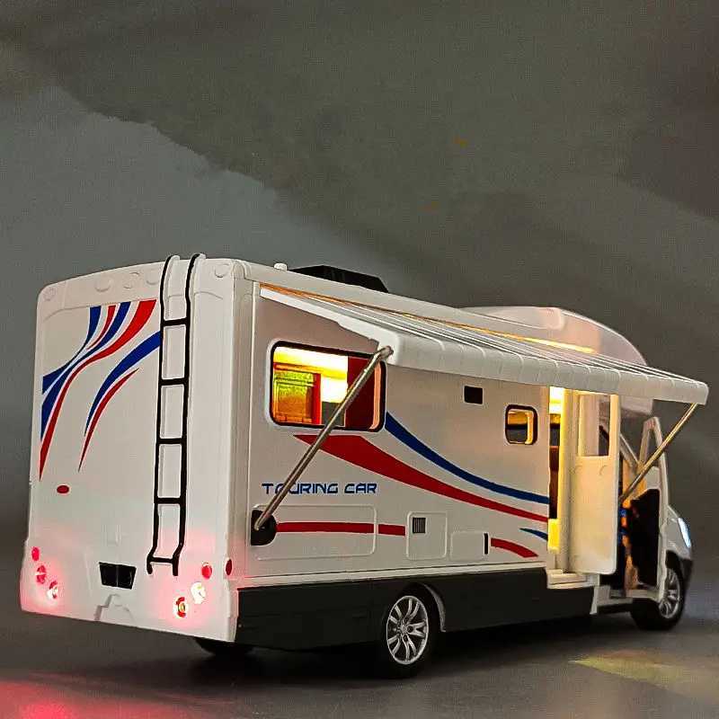 Free shipping 1 28 Diecast Entertainment Metal Camping Van RV Touring Car Model Sound and Light Childrens Toy Gift
