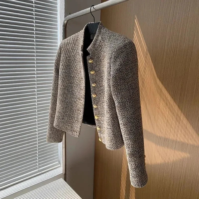 2024 Tweed Korea High Quality Short tweed jacket woman Korean Clothes Single-breasted Lady Blazer All-match Casual Coat Tops 241209