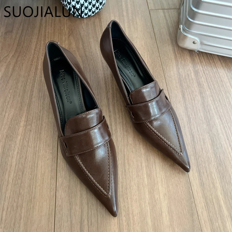 SUOJIALUN Autumn Women Pumps Shoes Fashion Pointed Toe Slip On Ladies Elegant Single Shoes Thin Low Heel Dress Pumps Shoes 241209