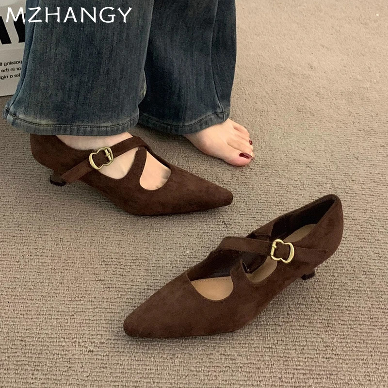 Pointed Toe Women Mid Heels Shoes Suede Shallow Sandals Woman Trend Elegant Party Pumps Shoes Dress Mujer Zapatillas 241209