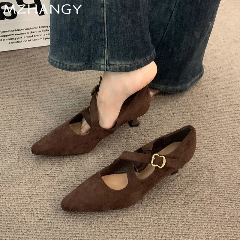 Pointed Toe Women Mid Heels Shoes Suede Shallow Sandals Woman Trend Elegant Party Pumps Shoes Dress Mujer Zapatillas 241209
