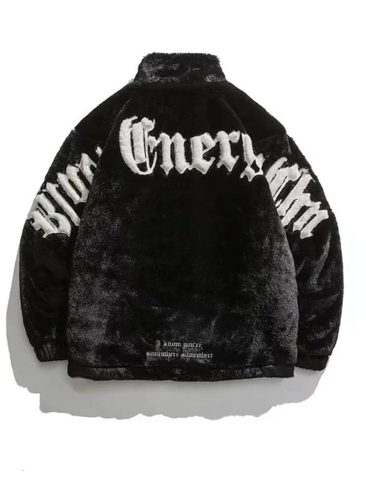 Mens rabbit fur leather jacket stand up collar embroidered padded mens winter casual thick unisex warm streetwear 241209