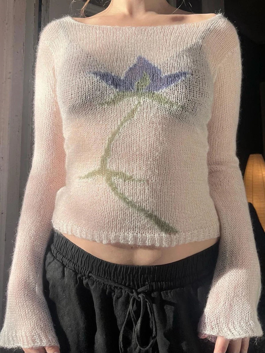 Vintage Y2K Knitted Sweater Flower Aesthetics Graphic Print Pullover Tops Long Sleeve Slim 2000s Harajuku Top Streetwear 241203