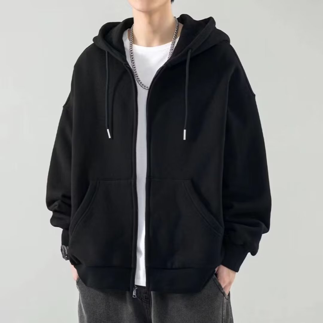 M10114 Men's autumn cardigan hoodie solid color clothes plus velvet zipper loose coat