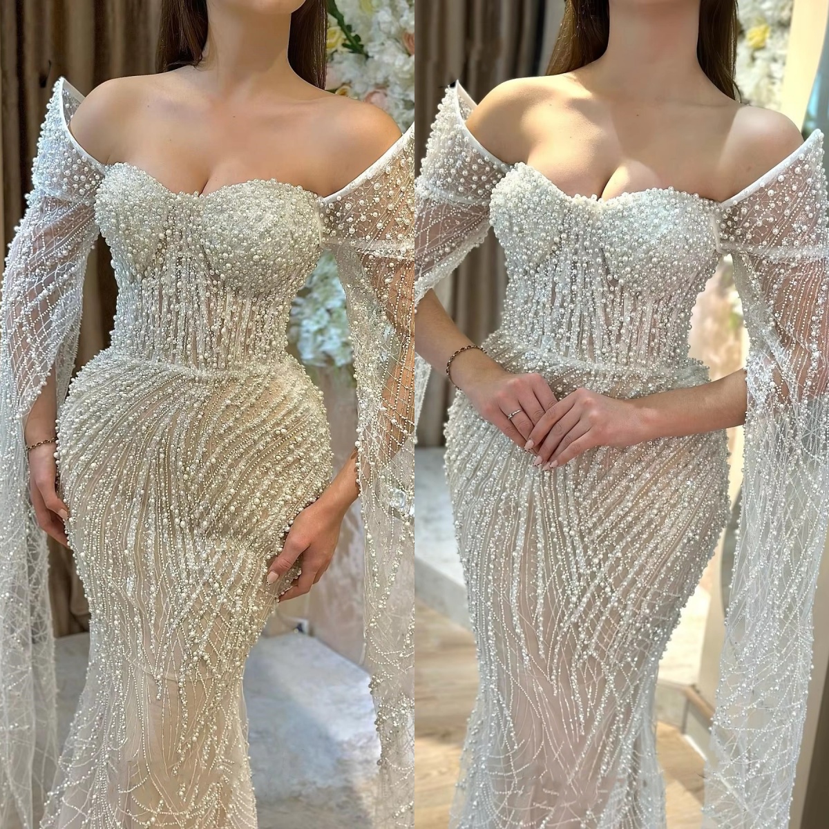 Gorgeous Wedding Dress Off Shoulder Long Sleeves Gown Pearls Sequins Sweep Train Dresses Custom Made Vestido De Novia