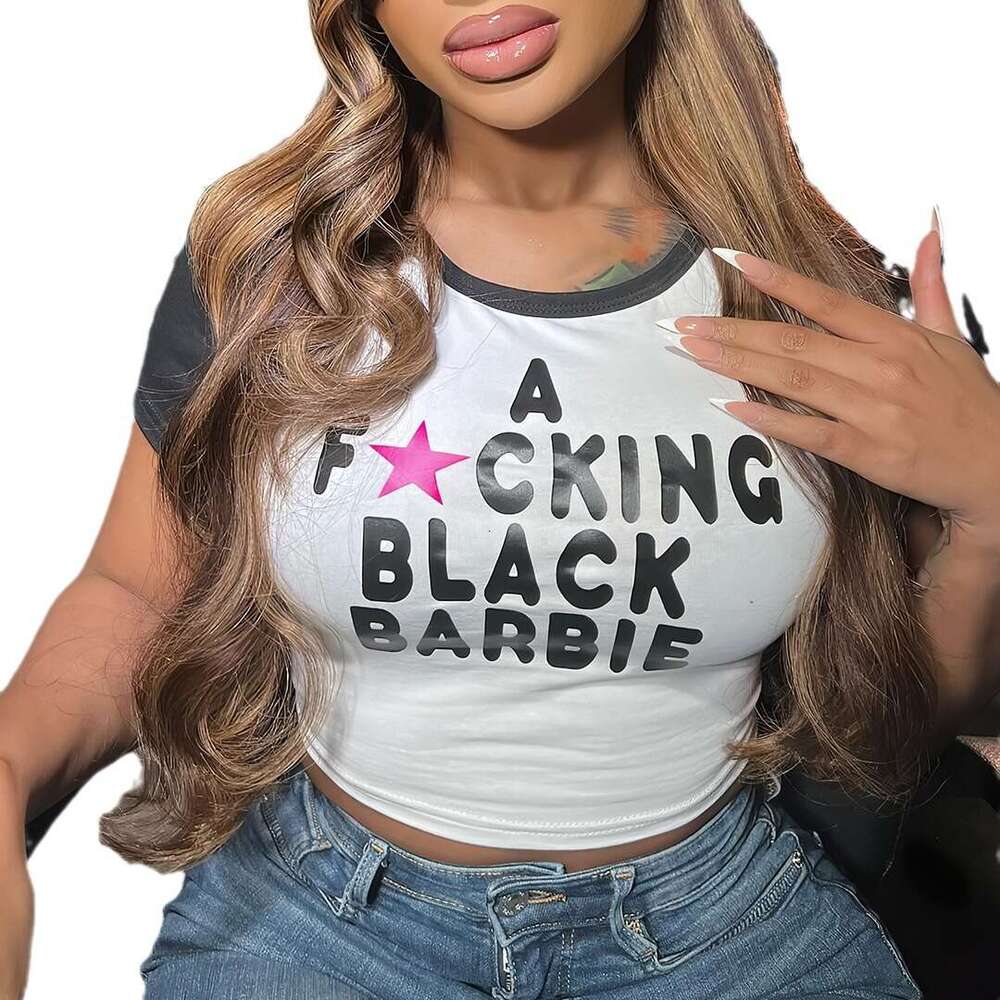 New European American spicy girl letter printed short women's street retro raglan sleeve T-shirt 2024 new style chic and elegant clothing