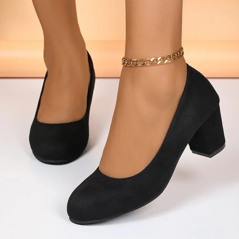 Suede Shallow Women Shoes Retro Mid Heels Pumps Fashion Trend Autumn Shoes Walking Dress Chaussures Ladies 241209