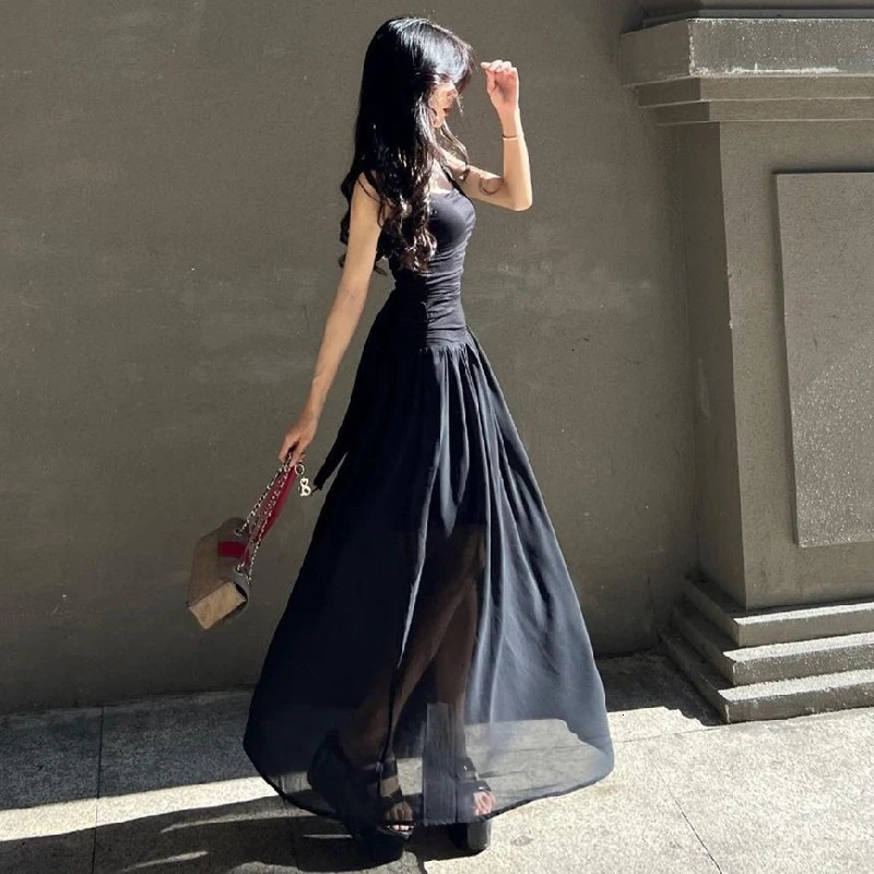 WhereMery Women Summer Party Long Dress Sexy Ruched Bodycon Black Maxi Dresses 2024 Elegant Temperament High-waist Vestidos 241209