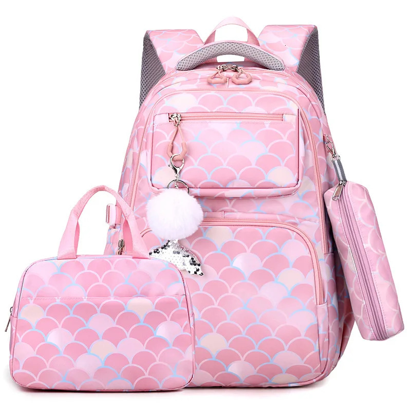 3 pieces/set of fish scale printed rens backpack with mermaid pendant waterproof school bag for girls rens backpack 241206